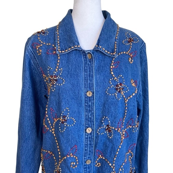 KEREN Hart Vintage 90s Floral Beaded Embellished Denim Shirt Shacket Boxy Fit S - Picture 2 of 16